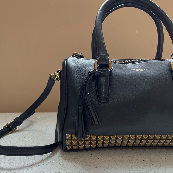 COACH Black Rowan Crossgrain Leather Crossbody Boston Gold Studs Purse Bag - Picture 5 of 13